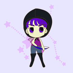 Cute girl in purple sleeveless shirt ,and gray long legging ,and black boots with purple bang hair style, has bow and arrows, on the star zodiac sign Sagittarius background. Hand drawn illustration.