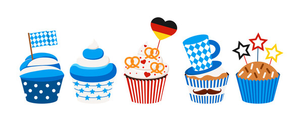 Oktoberfest cupcakes set isolated on white background. Cute german sweets food - icing muffin with hat, pretzel, heart shape flag. Flat design cartoon style bavarian fest dessert vector illustration. - obrazy, fototapety, plakaty