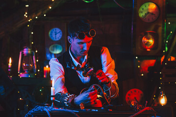 watchmaker with a magnifying glass repairs a watch from a watch workshop