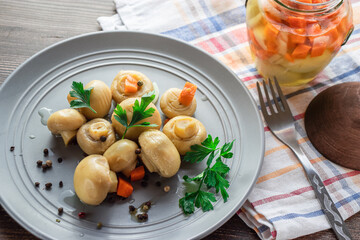 Pickled mushrooms with vegetables and herbs in a gray plate with a jar in a close-up on a kitchen napkin