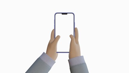 Device Mockup. Dark white cartoon hand holding a phone in jumper with white background.
