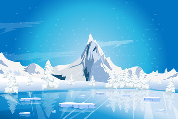 Fototapeta na wymiar Frozen lake winter nature landscape with mountains Christmas time