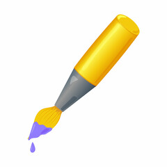 A bright golden paint brush with a drop of purple paint. Isolated image on a white background.