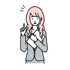 立って書類を手に持って何かひらめいたスーツの女性