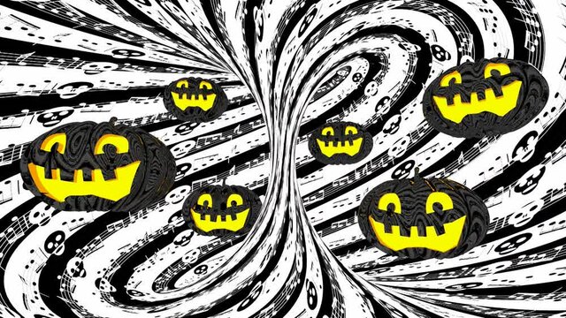3D render for HALLOWEEN of a musical spiral tornado with skulls instead of musical signs, levitating Jack-o-lantern pumpkins, on a background of black and white musical notes, for parties and events
