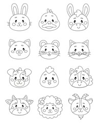 Set of cute vector outline farm animals. Cartoon pets illustrations for coloring book
