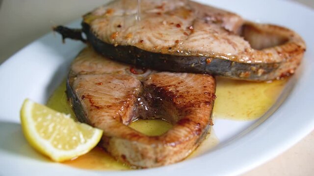 pan fried steak chub mackerel with lemon butter sauce 