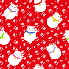 Seamless pattern with maneki neko. Endless background with japanese lucky cat. Vector illustration