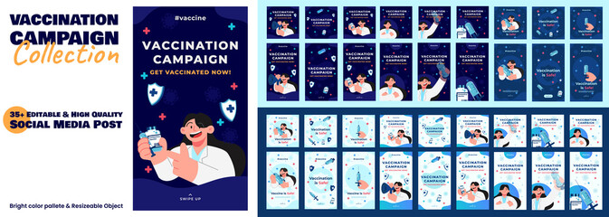 Social media post flat design vaccination campaign concept design set of poster banner, stories post mega pack bundle with syringe doctor and vaccine
