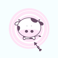 Cute ox with arrow cartoon character vector isolated on pink and white circle striped background. Hand drawn illustration. Sagittarius zodiac in ox year.
