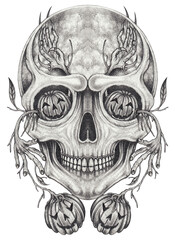 Art fantasy surreal pumpkin mix skull halloween day. Hand drawing on paper.