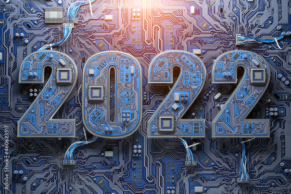 Poster 2022 on circuit board or motherboard with cpu. Computer technology and internet commucations digital concept background. Happy new 2022 year.