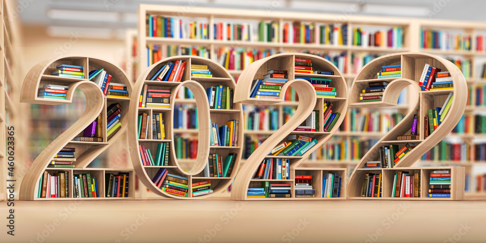 Poster 2022 new year education concept. bookshelves with books in the form of text 2022 in library.