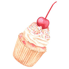 Vanilla cupcake with light cream and cherries. Watercolor vintage illustration on the theme of birthday. Isolated on a white background. For your design.