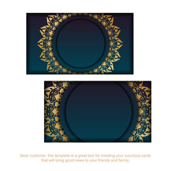 Visiting business card with gradient blue color with abstract gold ornament for your contacts.