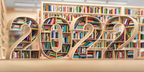 2022 new year education concept. Bookshelves with books in the form of text 2022 in library.