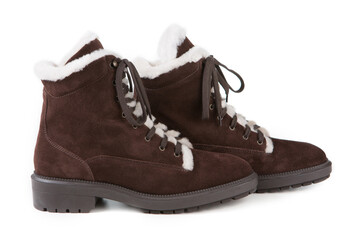 brown suede high boots with fur trim, white background, horizontal layout