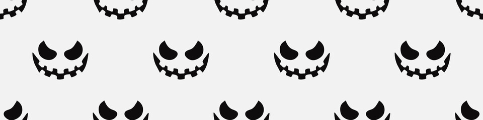 Pumpkin face ribbon. White background seamless pattern with Halloween Jack-o-lantern face.