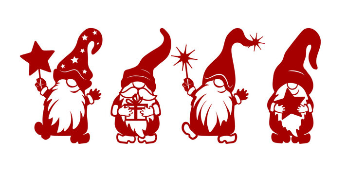 Dancing dwarfs stencils. Gnome with a gift, with a star and a gnome with a magic wand. Winter decorations. Objects for cutting