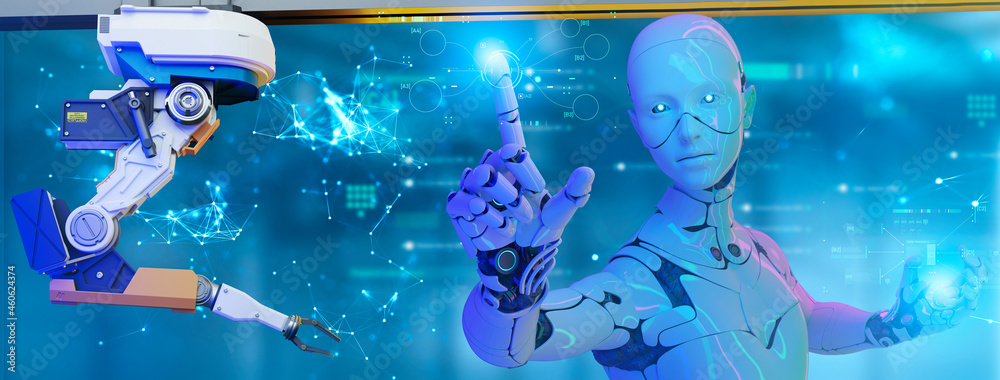 Fototapete Artificial intelligence technology computer aided manufacturing, future industry machine learning  digital technology, 3D robot with futuristic GUI graphics interface cyber space background.