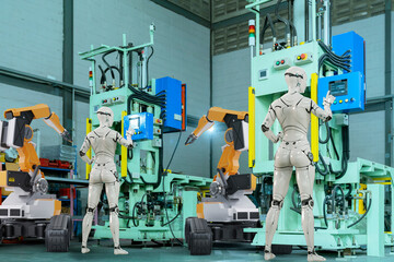 3D Humanoid robot working automated in factory futuristic modern tech, computer aided manufacturing. Future digital technology AI artificial intelligence in industrial factory production line concept.