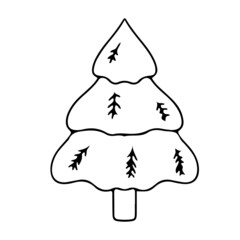 Christmas tree with doodle style decorations. Simple decor for festive Christmas and New Years. Vector illustration isolated on white background.