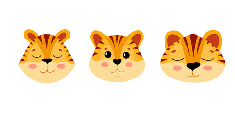 Set Muzzle of a Cute tiger. Symbol of the new year. Year of the tiger. Tabby kitten. Vector illustration isolated on white background.