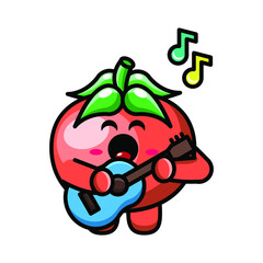 cute tomato playing guitar icon illustration vector graphic