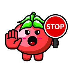 cute tomato with stop sign icon illustration vector graphic