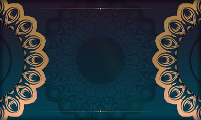 Gradient blue banner template with mandala gold ornament and logo space