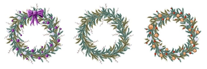 Set of three Christmas fir-tree wreaths with woodcut circles, heart-shaped snowballs, red, lilac, and white balls, white berried twigs on white background. Isolated hand-painted illustration of New