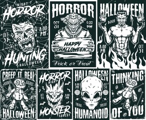 Halloween night monochrome vintage posters