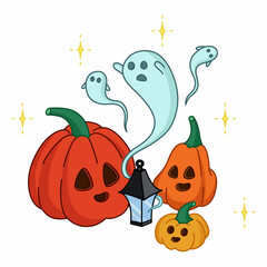 Three cute pumpkins around a lantern with three kind ghosts, Halloween illustrations. Cute illustration for Halloween decoration, pumpkins, ghosts, lantern. 