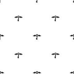 Seamless ornament with flying key with wings. Vector pattern on white.