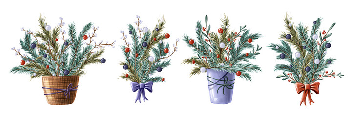 Set of four winter Christmas bouquets with fir-tree and pine tree branches and twigs, red berries, big bows, Chrismas balls, decoration bucket, and basket isolated on white background. Winter