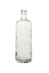 Empty, open glass bottle for wine or vodka. Isolated on a white background, close-up