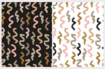 Simple Irregular Geometric Seamless Vector Patterns with Brown, Pink and Gold Hand Drawn Brush Spots and Wavy Lines on a White and Black Background. Abstract 
 Doodle Print for Fabric, Textile. 