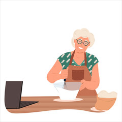 Happy grandma cooks online in cartoon style on white background. White background. Healthy retirement lifestyle. Online video. Internet technology. Cooking background. Cooking food.