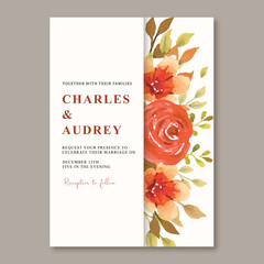 Wedding invitation card template with autumn floral watercolor