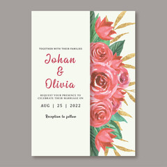 Wedding invitation card template with beautiful red roses watercolor