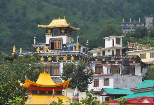 Beautiful view of Tso-Pema Ogyen Heru-kai Nyingmapa Gompa (monastery) in Rewalsar lake, Mandi, Himachal Pradesh, India