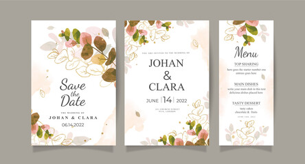 Fototapeta na wymiar Autumn wedding invitation card template with watercolor leaves and gold