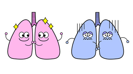 肺のシンプルでかわいいキャラクターイラスト。健康なものと不健康なもの。