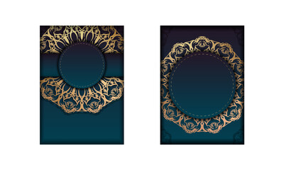 Greeting card template with gradient blue color with Greek gold ornaments for your brand.