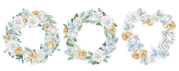 Watercolor wedding round frame set. Winter floral invite with rose, fir twigs, eucalyptus, blue flowers. Decorative wreath greeting card, birthday party, christmas card