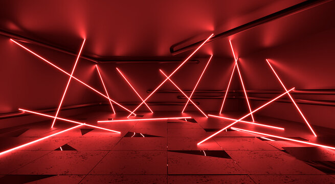 Sci Fi Futuristic Neon Laser Garage Room With Water Red Cyber Underground Warehouse Concrete Reflection Studio Podium 3D Rendering Image