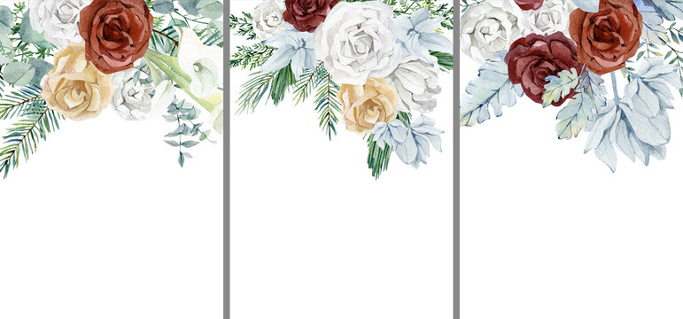 Watercolor wedding templates collection, frame, banner - cards with winter floral invite with rose, fir twigs, eucalyptus, blue flowers. Decorative greeting card, birthday party, christmas card