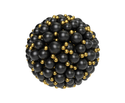 3D rendering, abstract geometric round shape made of colored spheres connected together. Realms of black and gold, isolated elements on a white background