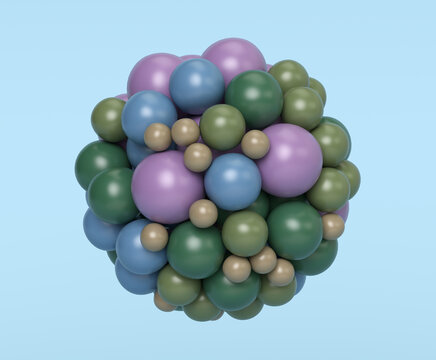 3D rendering, abstract geometric round shape made of colored spheres connected together. Realms of pink, blue, green, beige, isolated elements on a light blue background
