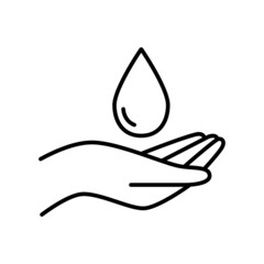 Hand and drop linear vector icon. A drop falling into the palm. Dematologically tested safe products. Certified Hypoallergenic products for beauty and health. Black outline isolated on a white
